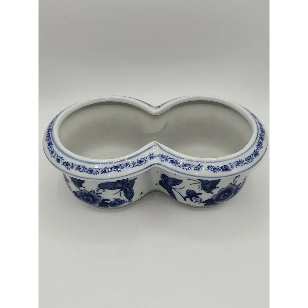 Vintage Blue White Porcelain Double Planter Butterfly Floral Cache Pot Japan
